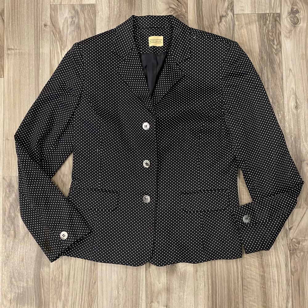 Michele Black & White 8 Mini Polka Dot 3-Button Lined Cotton Blazer